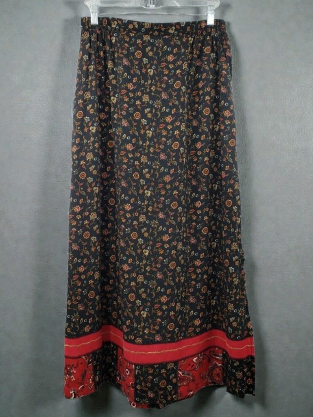 Vintage Koret Maxi Skirt Size L Black Floral Patchwork Border Side Slits Pull On